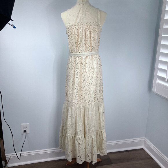 Allison Estelle Cream Eyelet Maxi Dress Small Cotton NWT Belted Boho Embroidered - Picture 4 of 14